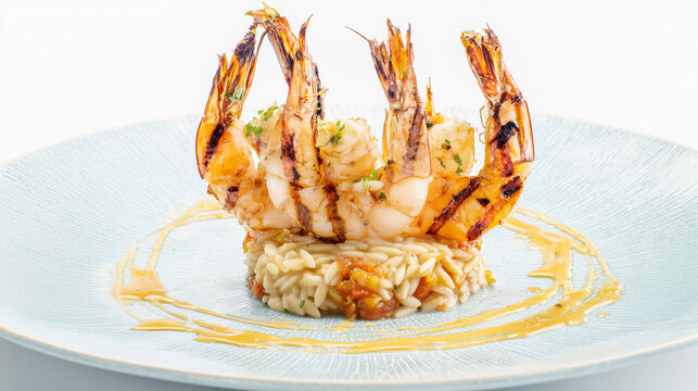 Gourmet seafood dish featuring grilled king prawns arranged over creamy orzo pasta with herbs and decorative golden sauce on a pale blue ceramic plate. Elegant restaurant-style food presentation on a 