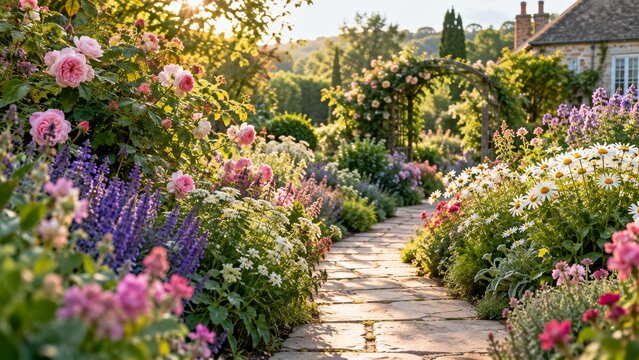 Narrow paved path winding through colorful flower beds in a lush garden