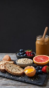 Healthy Gourmet Breakfast Ingredients on a Rustic Slate Surface for Clean Label Food Marketing Ads.
