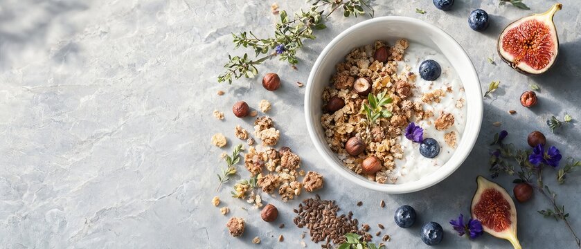 Delicious Healthy Homemade Granola Breakfast Bowl Topped With Fresh Blueberries, Figs, And Hazelnuts