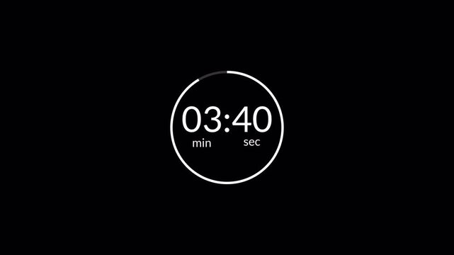 4 minute circle Countdown Digital Timer Animation, four minute Countdown Timer Animation from 4 minute to 0 second on black background.