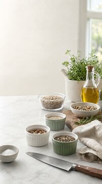 Healthy Meal Prep with Whole Grains and Olive Oil on a Bright Quartz Kitchen Countertop Surface.