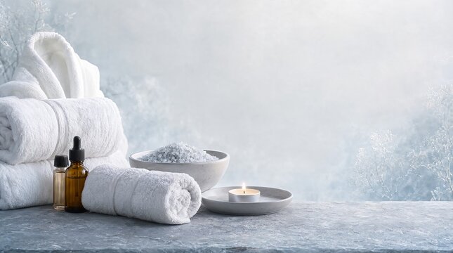 Minimalist winter spa and wellness composition with fluffy white towel robe bottles and candle, blue