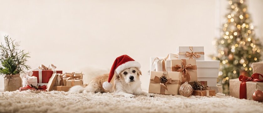 Cute Dog Wearing A Festive Christmas Santa Hat Relaxing On A Cozy Faux Fur Rug Surrounded By Gifts