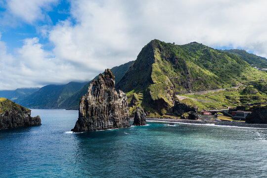 Drone view of Ilheus da Ribeira da Janela rock stacks along the Atlantic coast of Madeira Island
