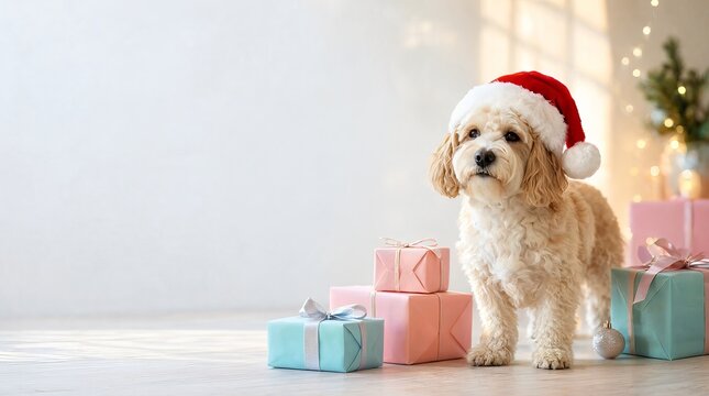A cute furry dog wearing a red Christmas Santa Claus hat standing near colorful holiday gift boxes