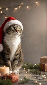 A Cute Tabby Cat Wearing a Christmas Hat Sitting Next to Holiday Decorations in Festive Atmosphere.