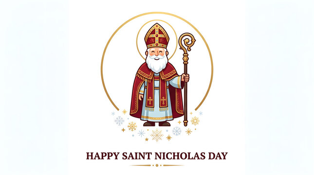 Saint nicholas centered within a circular gold frame against a light background with nick