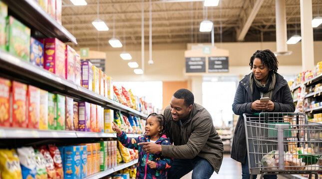 Family shopping for groceries together, father and daughter choose snacks in supermarket aisle while mother checks phone