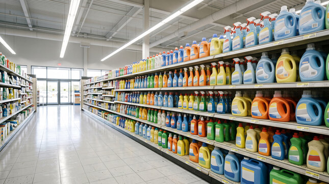 Colorful cleaning supplies neatly arranged on supermarket shelves, promoting household hygiene and organized retail environments