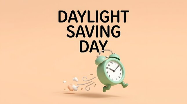 A green alarm clock running with motion lines on a soft peach background with text with clock character legs across solid light three dimensional