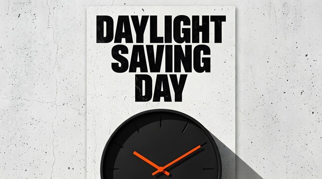 A black wall clock with orange hands positioned below the text daylight saving day with mounted white textured modern black analog measurement