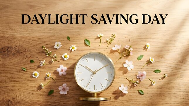 A circular gold clock surrounded by spring flowers on a wooden table for daylight saving day with surface surrounded scattered scattered white pink