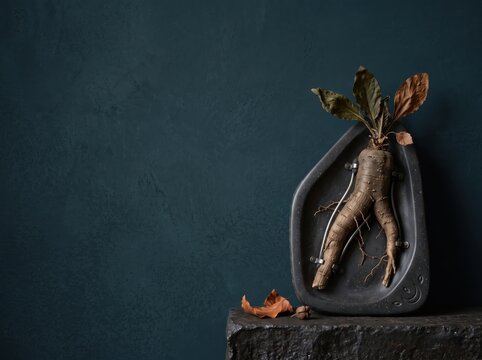 Halloween Copy Space Background with mandrake root in stone cartouche and dark teal organic texture for witchcraft apothecary and herbalism promotion