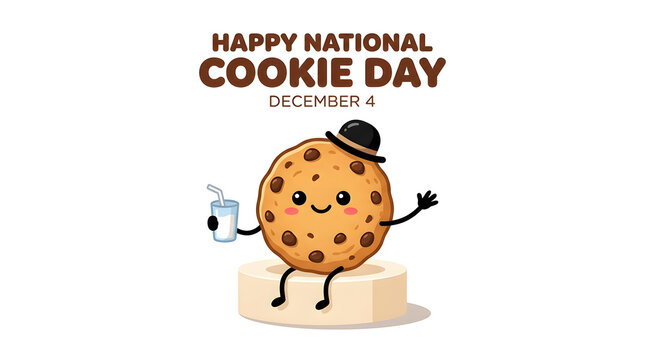Adorable cookie mascot in top hat holding glass of milk celebrating national day with chocolate chip