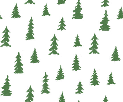 Hand-drawn seamless pattern of spruce trees