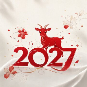 Chinese Lunar New Year 2027 Graphic Design with a Red Goat Illustration and Decorative Floral Swirls