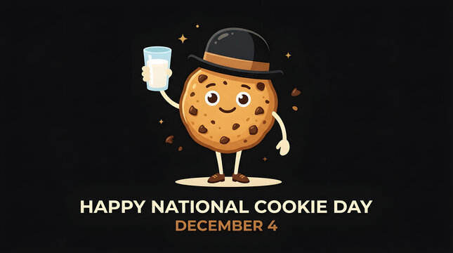 Cute cookie mascot wearing bowler hat holding refreshing milk glass for national day with chocolate