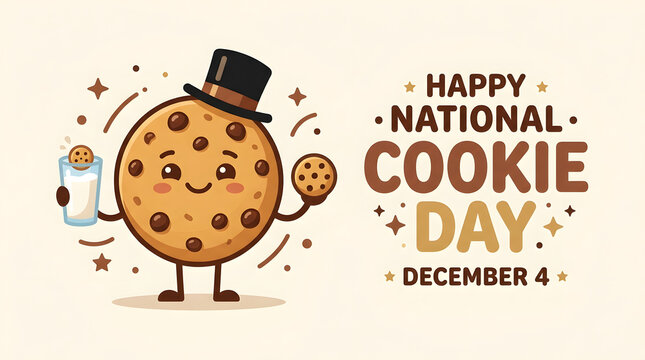 Happy cookie character in formal hat holding milk and small biscuit for national day with chocolate