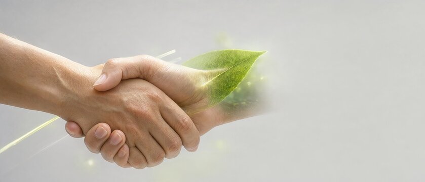 Close up crop of hands holding forming a green leaf concept of cooperation in nature and growth.
