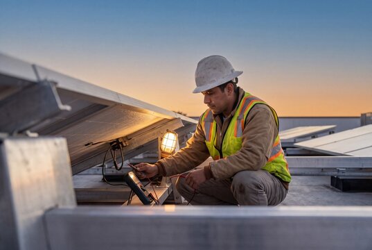 Technician in a safety vest and hard hat inspects and repairs a solar panel using a multimeter during sunset on an industrial rooftop