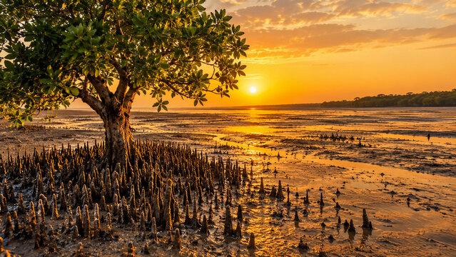 Mangrove tree with exposed aerial roots on mudflat at low tide during golden sunset casting long shadows across wet textured coastal landscape, tropical ecosystem nature conservation banner photo