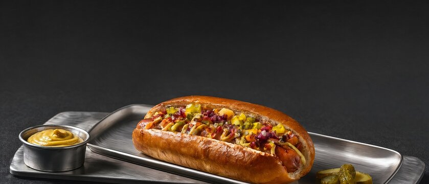 A Premium Loaded Hot dog In A Bronzed Bun Served With Sides On A Brushed Metal Plate Top View
