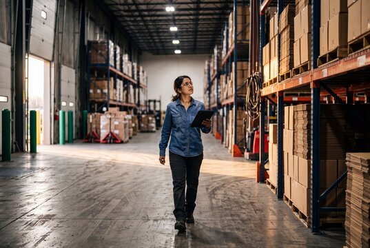 Female warehouse manager holding a digital tablet while walking through a large logistics distribution center inspecting inventory on tall shelves