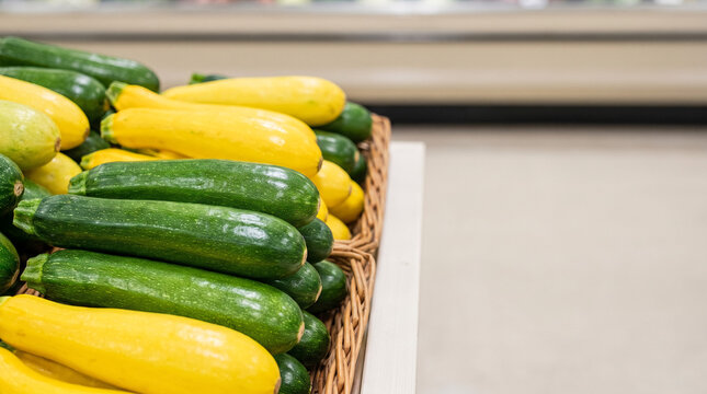 Fresh green and yellow zucchini piled in a woven basket, healthy organic vegetables for sale at a farmers market or grocery store