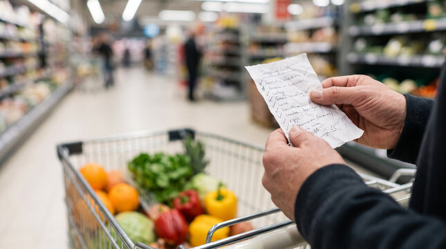Customer checking shopping list while pushing cart filled with fresh produce in supermarket aisle, mindful grocery shopping