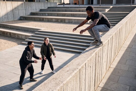 Young Man Sticking Precision Parkour Landing with Friends Spotting