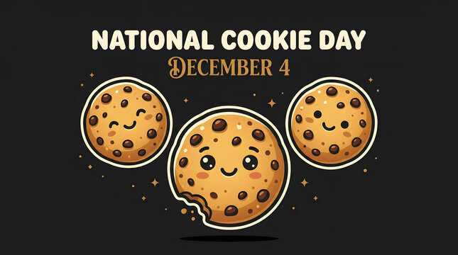 Three smiling chocolate chip cookies celebrating national cookie day on december fourth with baked goods