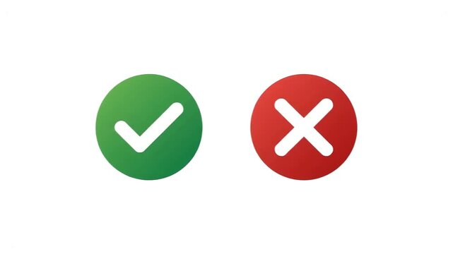 Green and red circles transform into checkmark and cross symbols, representing choice, decision, validation, correctness, error, and evaluation