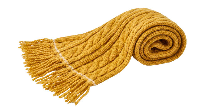 Rolled mustard yellow knitted wool scarf with detailed fringe texture displayed nicely on transparent background