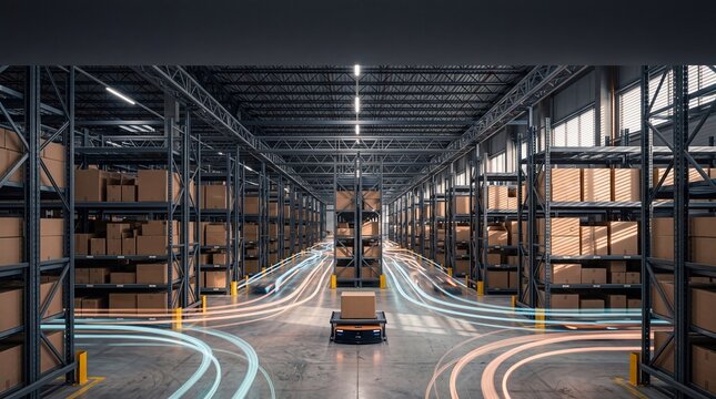 Automated warehouse with mobile robots transporting cardboard boxes, creating glowing light trails along industrial aisles in a modern logistics and distribution center