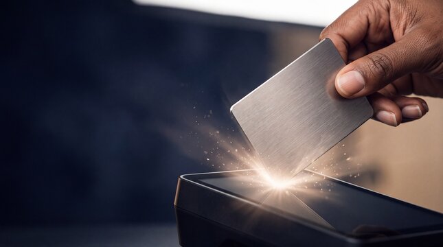 Close-up of a hand tapping a brushed metal credit card on a payment terminal with glowing light sparks