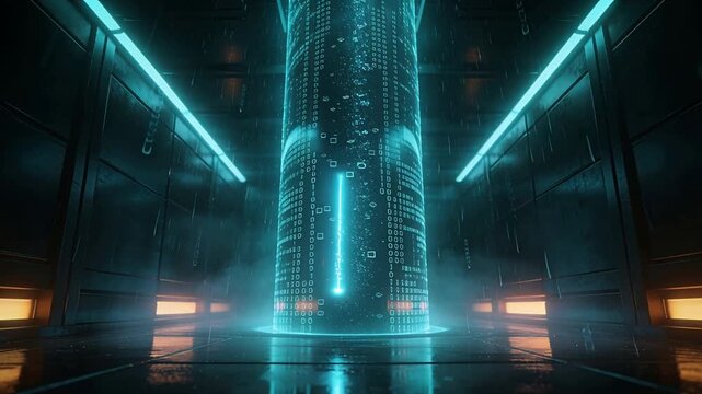 Powering data core after system startup in server room, emitting cyan bar, base ring and mist