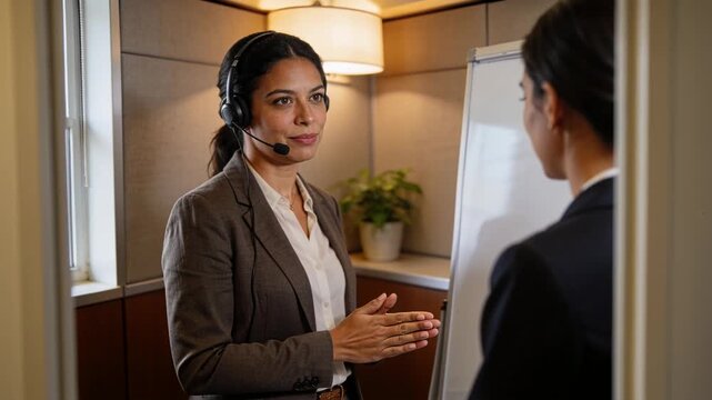 Leading trainer with headset, brown blazer gesturing at flipchart in office after start, training
