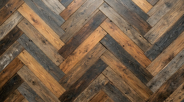 Herringbone pattern of rustic reclaimed wooden planks with varying brown and grey tones