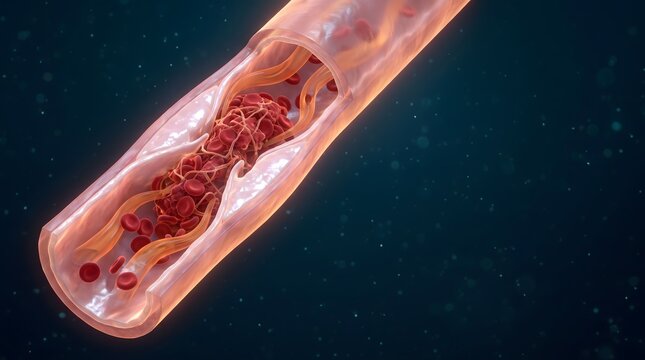 Blood Clot in Artery: A close-up, microscopic view of a dangerous blood clot obstructing the flow within a human artery, highlighting a critical health concern.