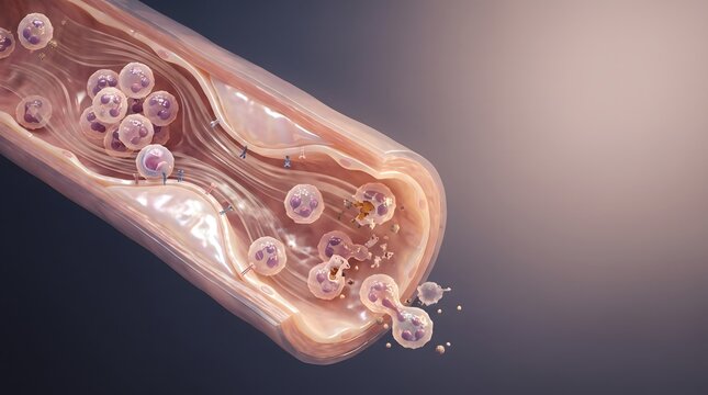 Blood Clot in Artery: A microscopic view of a human artery shows a developing blood clot, with platelets and other substances obstructing blood flow. Medical illustration depicting thrombosis.