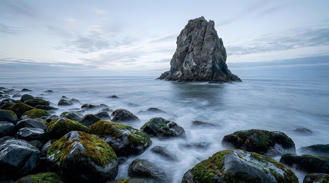 A majestic sea stack stands tall amidst the calm, misty waters of a rocky coastline during a serene and overcast dawn light