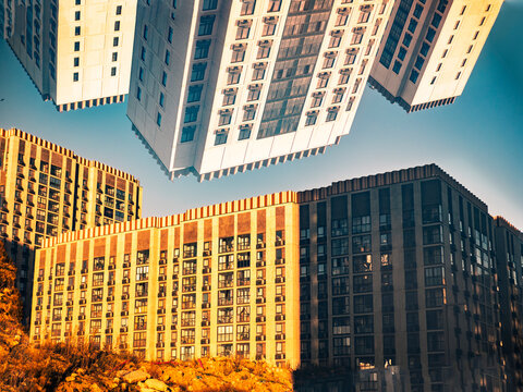 Abstract surreal architecture with inverted buildings mirroring the sky