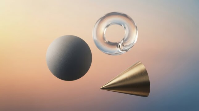 Floating geometric solids including a sphere, glass torus, and brass cone on a soft gradient backdrop