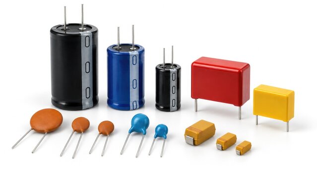 Assortment of capacitors and passive electronic components in various shapes and colors