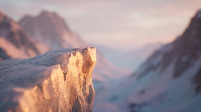 Glacier tongue at a mountain pass with pastel ice, soft focus, and alpenglow on the cliff edge.