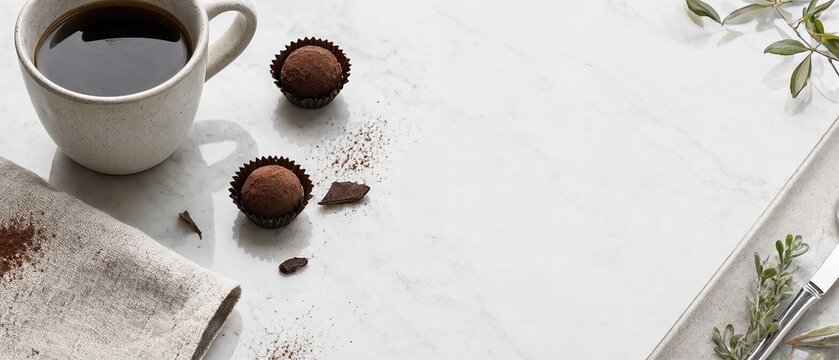 Minimalist Hospitality Branding Photography, Warm Cup of Coffee and Gourmet Chocolates on Marble