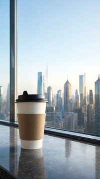 A Takeaway Coffee Cup Resting on a Polished Ledge with a Bustling City Skyline View at Sunrise.