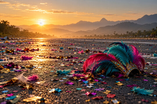 Quiet Morning After Carnival with Feather Costume and Festive Remains