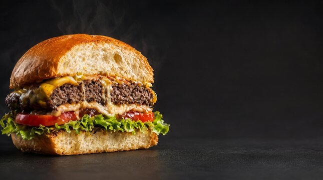 Close Up Cross Section of a Freshly Stacked Cheese Burger with Toasted Brioche on Dark Background